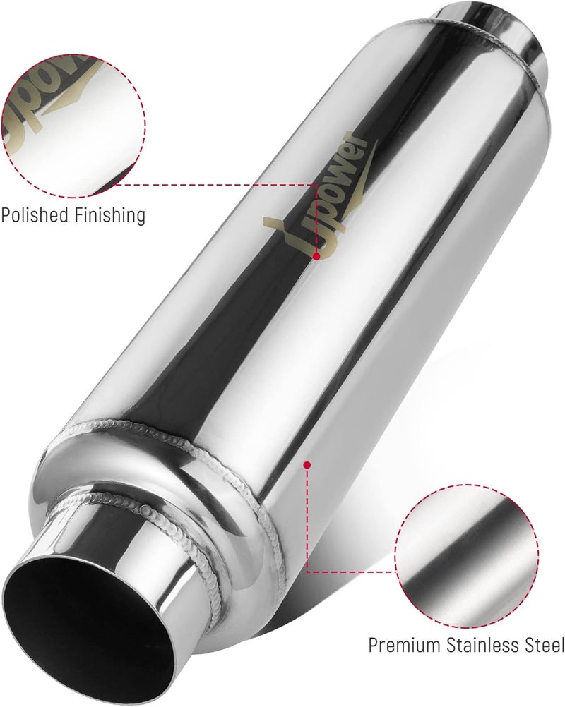 U-Power 2.5" Inlet&Outlet Exhaust Resonator,4" x12" Body 16" Overall Length Center Straight Through Stainless Steel Muffler,Polished - Image 4